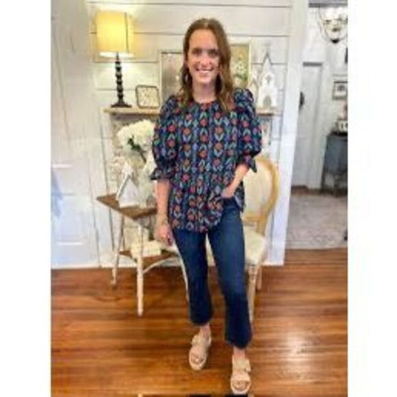 Mudpie Womens M Pierce Flounce Top Blue Statement Elbow Sleeve Floral Peplum New - Picture 7 of 14